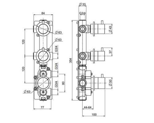 QuadroDesign Source Смеситель для душа, встраиваемый, термостатический, с переключателем на 2 потребителя, цвет: brushed stainless steel. 1249.00AS