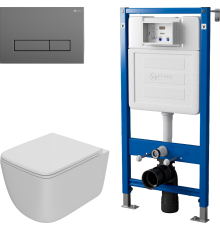 Комплект Унитаз подвесной Point Меркурий PN41831WM белый матовый, безободковый, с микролифтом + Инсталляция PN45122 с контейнером для гигиенических таблеток + Кнопка PN44831GM графит