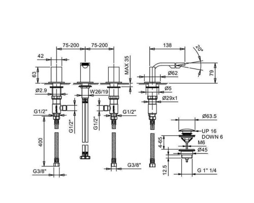 Fantini Venezia In Смеситель для биде, 3 отв., излив: 135 мм, цвет: хром. 29 02 N509S,  29 02 N448