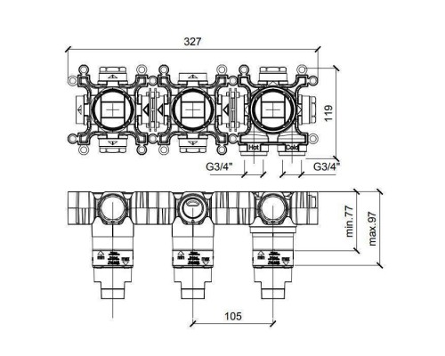 Almar Modular Встраиваемая часть термостатического смесителя на 2 потребителя, горизонтальный модуль, цвет: черный матовый. E176908