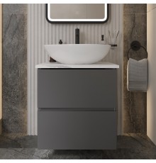 Тумба с раковиной STWORKI Колдинг 60 антрацит, с раковиной Moduo 55 Leaf, столешница белая матовая