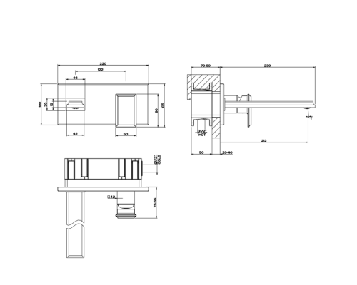 Gessi Eleganza Встраиваемый однорычажный смеситель для раковины, без донного клапана, с изливом, внешние части, цвет: золото. 46088#080