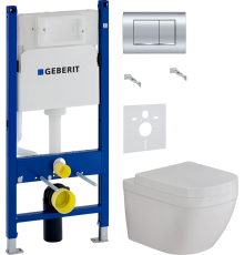 Комплект Унитаз подвесной Grohe Euro Ceramic 39328000 + Крышка 39330001 с микролифтом + Инсталляция Geberit Duofix Delta 458.163.21.1 с кнопкой смыва, хром + Шумоизоляция 156.050.00.1