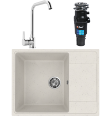 Комплект Мойка кухонная Practik PR-M 650-001 белый камень + Смеситель MEGA Ege MG-PL10 хром + Измельчитель Bort Titan 7000
