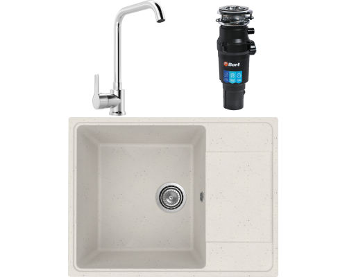 Комплект Мойка кухонная Practik PR-M 650-001 белый камень + Смеситель MEGA Ege MG-PL10 хром + Измельчитель Bort Titan 7000