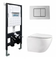 Комплект Abber Bequem AC1100-AC0105-AC0120, Унитаз подвесной безободковый, с микролифтом + Система инсталляции + Кнопка смыва хром