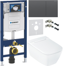 Комплект Умный подвесной Geberit AquaClean Sela Square безободковый, с биде, белый + Инсталляция Duofix UP 320 111.300.00.5 + Кнопка Sigma 70 115.622.QD.1 хромированный черный + Звукоизоляция 156.050.00.1 + Крепления 111.815.00.1 к стене