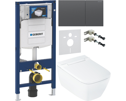 Комплект Умный подвесной Geberit AquaClean Sela Square безободковый, с биде, белый + Инсталляция Duofix UP 320 111.300.00.5 + Кнопка Sigma 70 115.622.QD.1 хромированный черный + Звукоизоляция 156.050.00.1 + Крепления 111.815.00.1 к стене