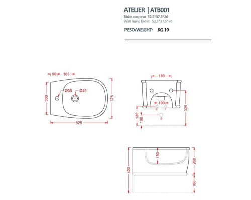 Artceram Atelier Биде подвесное 52х37см, с 1 отв под смеситель, цвет: белый матовый. ATB001 05 00 *1