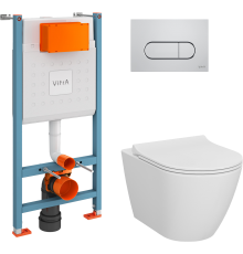 Комплект Унитаз подвесной VitrA Sanibelle белый глянцевый + Крышка с микролифтом, петли хром + Инсталляция VitrA V-Fix Core + Кнопка смыва Root Square 740-2380 хром