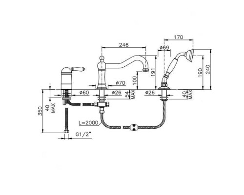 Nicolazzi Petit Mont Blanc Смеситель на борт ванны, на 3 отв., с изливом 24.6см и ручным душем, ручки белая керамика, цвет: English Gold. 3449GF76