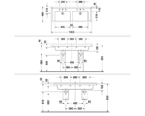 Duravit Starck 3 Раковина 130х48.5 см, с 1 отв., двойная, цвет: белый. 0332130000