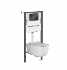 Комплект Ceramicanova Унитаз подвесной New Day CN3005 безободковый, с микролифтом + Инсталляция Balance CN121002MB с кнопкой Square матовой черной