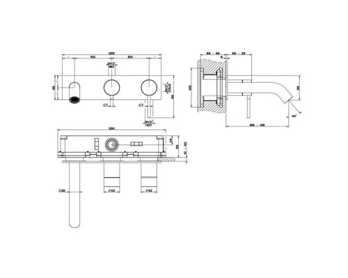 Gessi Bath316 Встраиваемый смеситель на 2 выхода, с изливом и переключателем, внешняя часть, цвет: Black XL. 54136#299
