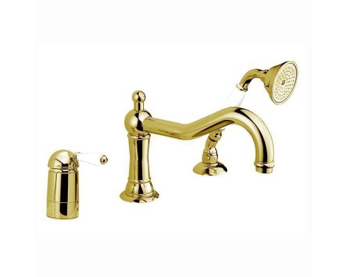 Nicolazzi Petit Mont Blanc Смеситель на борт ванны, на 3 отв., с изливом 24.6см и ручным душем, ручки белая керамика, цвет: English Gold. 3449GF76