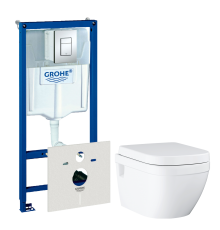 Комплект Унитаз подвесной Grohe Euro Ceramic 39703000 безободковый + Инсталляция Rapid SL 38775001 4 в 1 с кнопкой смыва
