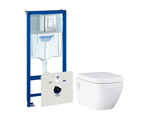 Комплект Унитаз подвесной Grohe Euro Ceramic 39703000 безободковый + Инсталляция Rapid SL 38775001 4 в 1 с кнопкой смыва