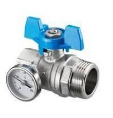 Шаровой кран с плоским уплотнением Ду20,  G3/4BP x G1HP, с термометром (0–80 °C), с синим маховиком