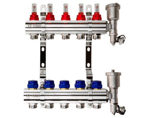 Комплект коллекторов Ридан FHF-5RF set с расходомерами, кронштейнами и воздухоотводчиками, 5 конт. 088U0725R