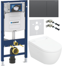 Комплект Умный подвесной Geberit AquaClean Alba безободковый, с биде + Инсталляция Duofix UP 320 111.300.00.5 + Кнопка Sigma 70 115.622.QD.1 хромированный черный + Звукоизоляция 156.050.00.1 + Крепления 111.815.00.1 к стене