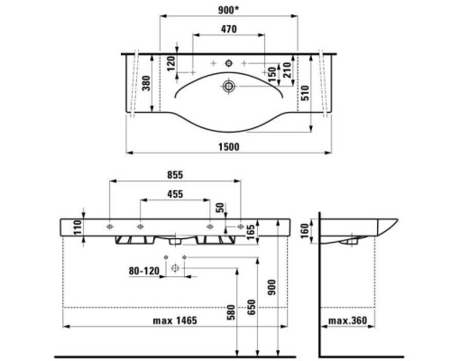 Laufen Palace Раковина 150x51x11см., подвесная, 3 отв., цвет: белый. 8.1170.6.000.108.1