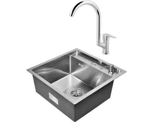 Комплект Мойка кухонная Wisent 5050 с дозатором, сатин + Смеситель MEGA Snow MG-SH03 хром