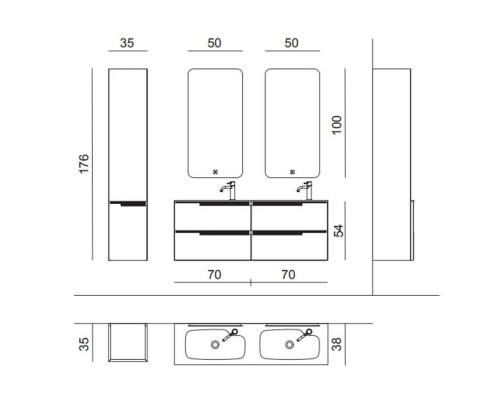 Oasis Profilo Композиция №19 Комплект мебели 140х38х h205см., подвесной, цвет: белый матовый/Хром.
