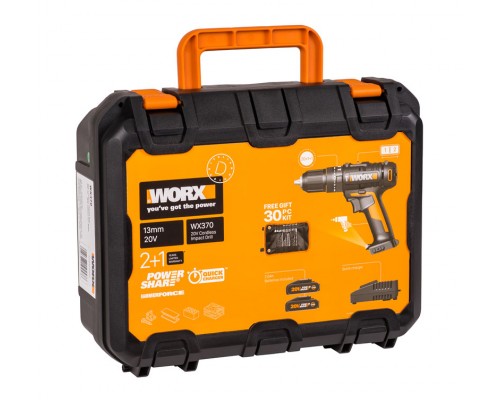 Дрель-шуруповерт ударная аккумуляторная WORX WX370, 50Нм, 20В, 2Ач x2, ЗУ 2А, кейс