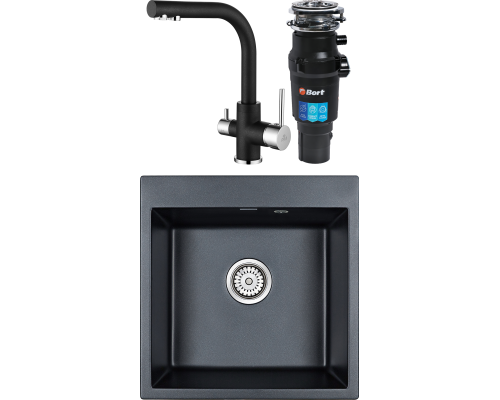 Комплект Мойка кухонная Paulmark Kante 50 PM105152-BLM черный металлик + Смеситель Essen Es213011-418 черный металлик + Измельчитель Bort Titan 7000