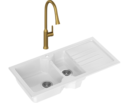 Комплект Мойка кухонная Domaci Сиена 54100-101 белый глянец + Смеситель Ливорно WFD04162 матовое золото