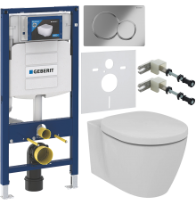 Комплект Унитаз подвесной Ideal Standard Connect AquaBlade E047901 + Крышка + Инсталляция Geberit Duofix UP 320 111.300.00.5 + Кнопка Sigma 01 115.770.21.5 хром + Крепления 111.815.00.1 к стене + Шумоизоляция