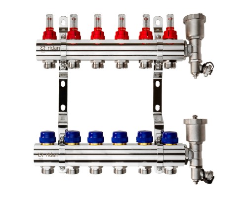 Комплект коллекторов Ридан FHF-6RF set с расходомерами, кронштейнами и воздухоотводчиками, 6 конт. 088U0726R
