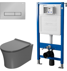Комплект Унитаз подвесной Point Вега PN41711GM + Инсталляция PN45122 с контейнером для гигиенических таблеток + Кнопка Меркурий PN44831C хром