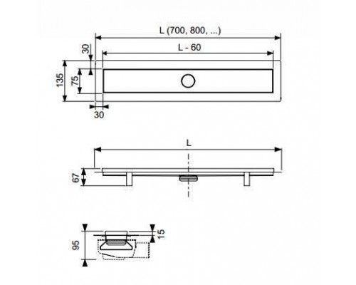 TECE Комплект TECElinus для монтажа дренажного канала 900мм с основой для плитки tile и панелью steel 2 в 1. 15103099