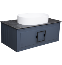 Тумба с раковиной La Fenice Cubo 90 подвесная, blu grigio, ручка черная, столешница черный мрамор, раковина белая матовая