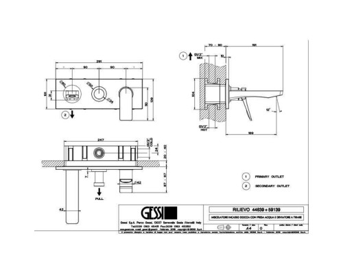 Gessi Rilievo Встраиваемый смеситель для ванной на 2 источника, с изливом 169мм и переключателем, внешняя часть, цвет: хром. 59139#031