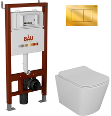 Комплект Унитаз подвесной Bauedge Bau Stil безободковый, с микролифтом + Инсталляция Bau Pro + Кнопка Stil, золото