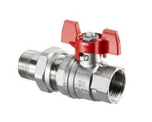 Кран шаровой, Oventrop, Optibal, полнопроходной, DN-25, 1, НВ, PN, бар-16, ручка-бабочка, латунь, никелированный, с ниппелем и НГ
