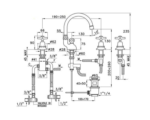 Stella Italica Смеситель для раковины на 3 отверстия 3225TC, с донным клапаном, цвет: хром. IT 00016 CR00