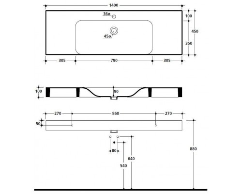 Kerasan Cento Раковина 140х45 см, 1 отв., цвет: белый. 353501*1