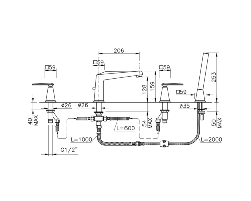 Nicolazzi Vincent Смеситель на борт ванны, 4 отв., излив: 206 мм, с ручным душем, цвет: хром. 1004CR28