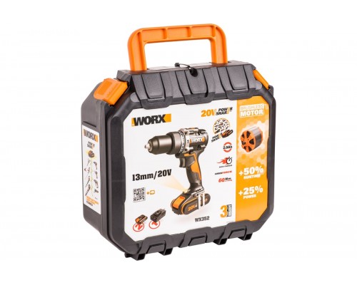 Дрель-шуруповерт ударная аккумуляторная WORX WX352, 60Нм, 20В, бесщеточная, 2Ач x2, ЗУ 2А, кейс