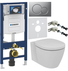 Комплект Унитаз подвесной Ideal Standard Connect AquaBlade E047901 + Крышка + Инсталляция Geberit Duofix UP 320 111.300.00.5 + Кнопка Sigma 01 115.770.JQ.5 лакированная, матовый хром + Крепления 111.815.00.1 к стене + Шумоизоляция