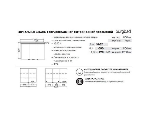 BURGBAD Eqio Зеркальный шкаф с LED подсветкой 5Вт IP24, 120х80х17см, 3 зерк. двери с обоих сторон, версия левая L, стекл полки, вкл/выкл, цвет: белый F2009. SPGT120LF2009 BURGBAD Eqio Зеркальный шкаф с LED подсветкой 5Вт IP24, 120х80х17см, 3 зерк. двери с обоих сторон, версия левая L, стекл полки, вкл/выкл, цвет: белый F2009. SPGT120LF2009