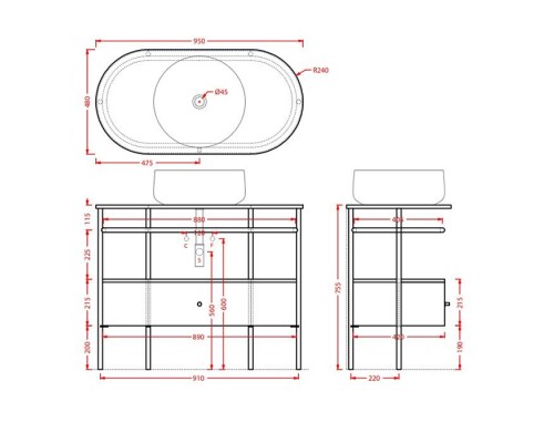 Artceram Flair 4.0 Консоль металлическая с раковиной 95x48хh75см., напольная, с полочкой и мраморной столешницей, цвет: черный матовый/белый. ACA068 17,  TFA010 90,  TFA013 17