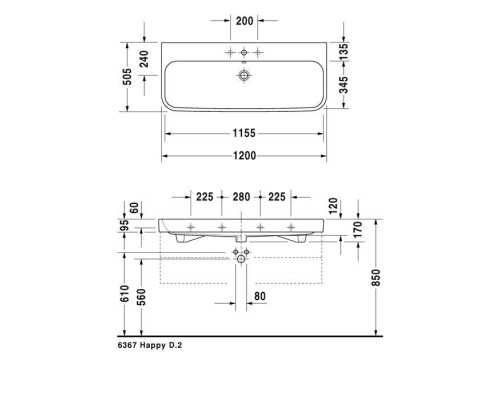 Duravit Happy D.2 Раковина 120x50.5 см, 1 отв., с переливом, цвет: белый. 2318120000