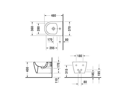 Duravit ME by Starck Биде подвесное 37x48см, с 1 отв., вкл. крепление Durafix, с покрытием WonderGliss, цвет: белый. 22901500001