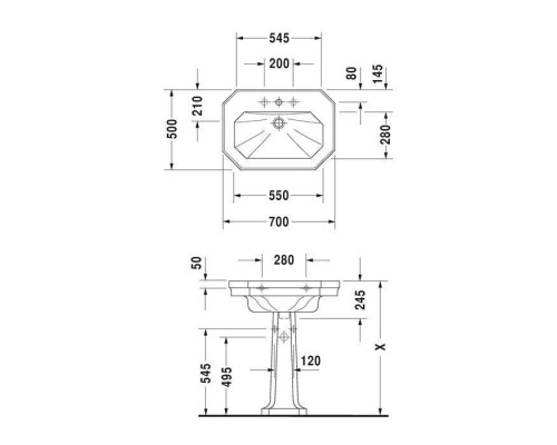 Duravit 1930 Раковина 70х50х20.5 см, 3 отв., цвет: белый. 0438700030