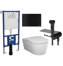 Комплект 4 в 1 Унитаз подвесной AM.PM Func C8F1701SC + Инсталляция DIWO 4501 + Кнопка 7313 + Гигиенический душ F0H8F922 С ВНУТРЕННЕЙ ЧАСТЬЮ, со смесителем, черный