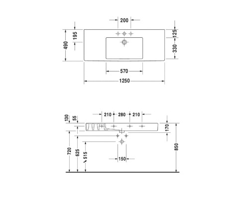 Duravit Vero Раковина 125x49см., подвесная, 1 отв., с переливом, цвет: белый. 0329120000